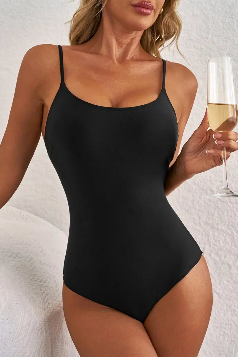 Black Lace-Up Back Strappy One-Piece Swimsuit with Thin Straps - Love Salve 