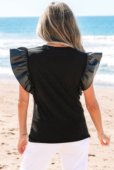 Black Leather Ruffle Sleeve Patchwork Round Neck Blouse - Love Salve 