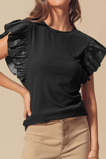 Black Leather Ruffle Sleeve Patchwork Round Neck Blouse - Love Salve 