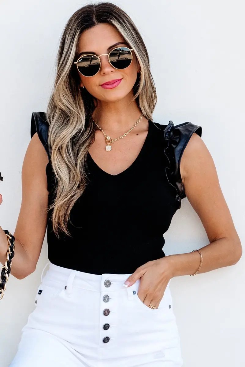 Black Leatherette Ruffle Patchwork Ribbed V Neck Bodysuit - Love Salve 