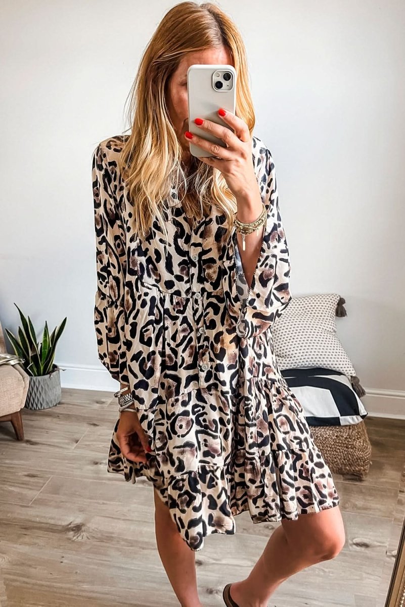 Black Leopard Print Buttoned Front 3/4 Sleeve Tiered Ruffled Hem Dress - Love Salve 