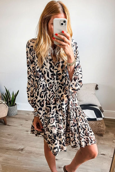 Black Leopard Print Buttoned Front 3/4 Sleeve Tiered Ruffled Hem Dress - Love Salve 