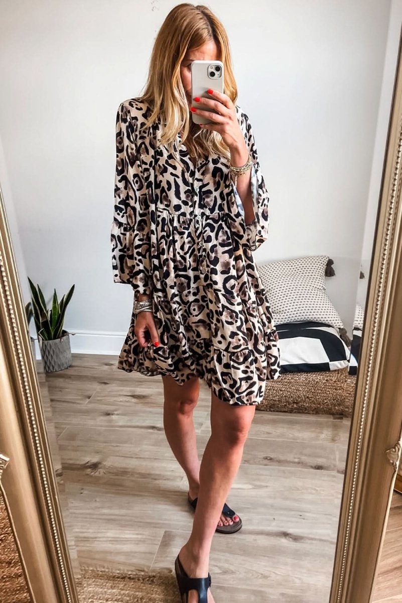 Black Leopard Print Buttoned Front 3/4 Sleeve Tiered Ruffled Hem Dress - Love Salve 