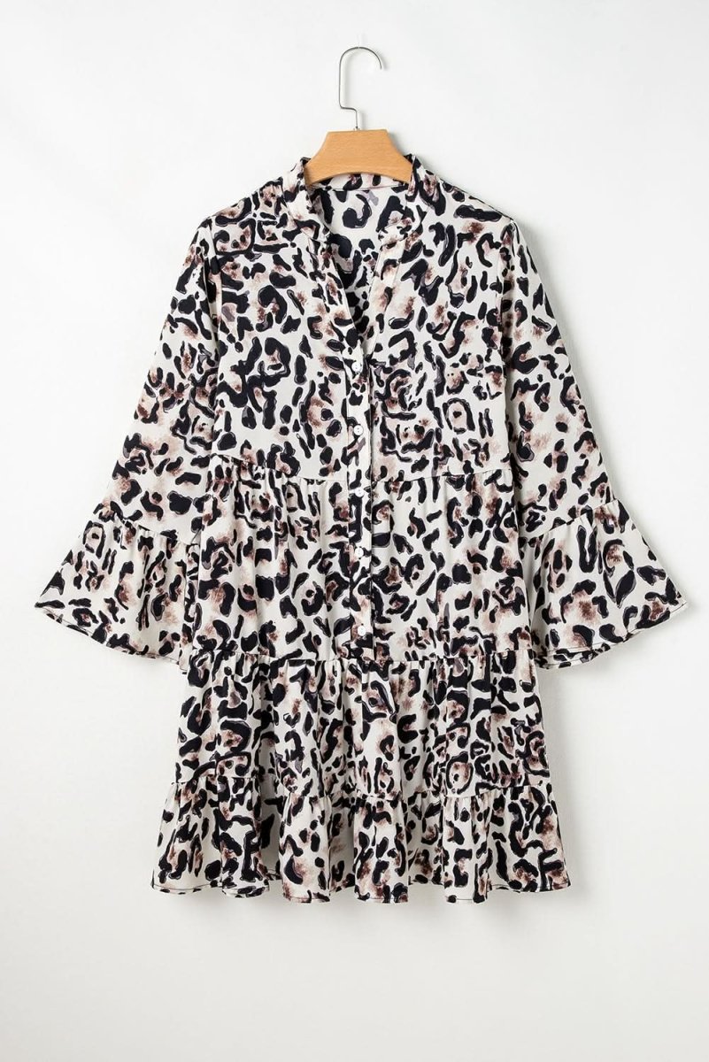 Black Leopard Print Buttoned Front 3/4 Sleeve Tiered Ruffled Hem Dress - Love Salve 