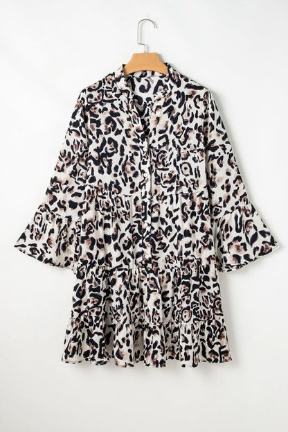 Black Leopard Print Buttoned Front 3/4 Sleeve Tiered Ruffled Hem Dress - Love Salve 
