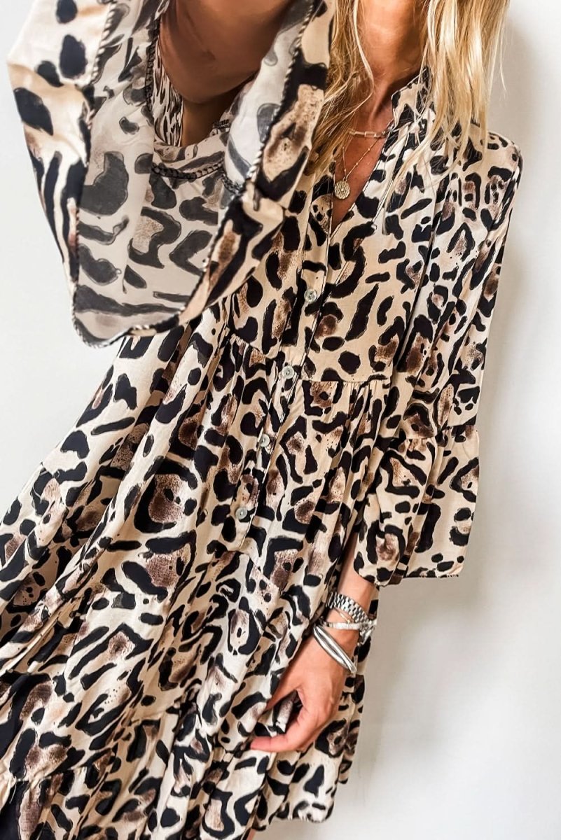 Black Leopard Print Buttoned Front 3/4 Sleeve Tiered Ruffled Hem Dress - Love Salve 