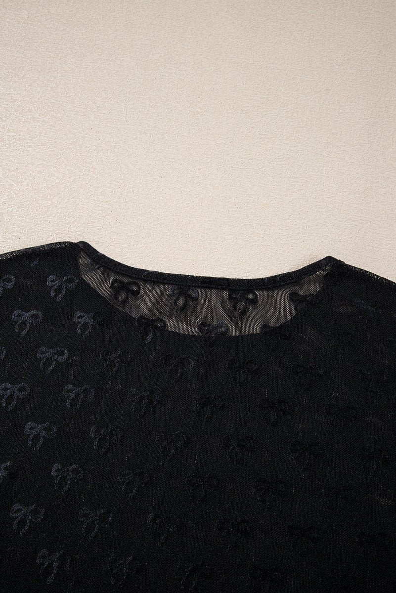 Black Mesh Bow Pattern Long Sleeve Top for Women - Love Salve