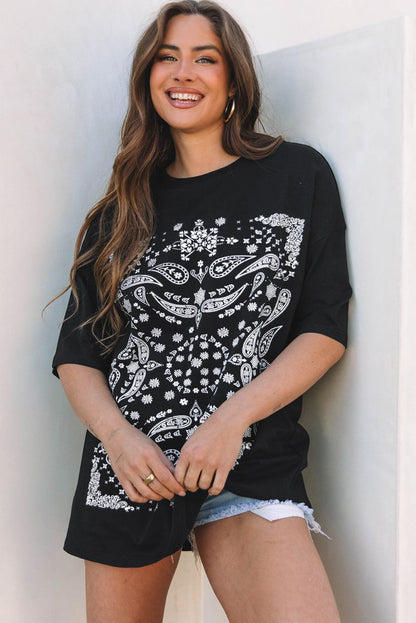 Black Paisley Print Crew Neck Loose Fit Tunic Tee for Women - Love Salve 