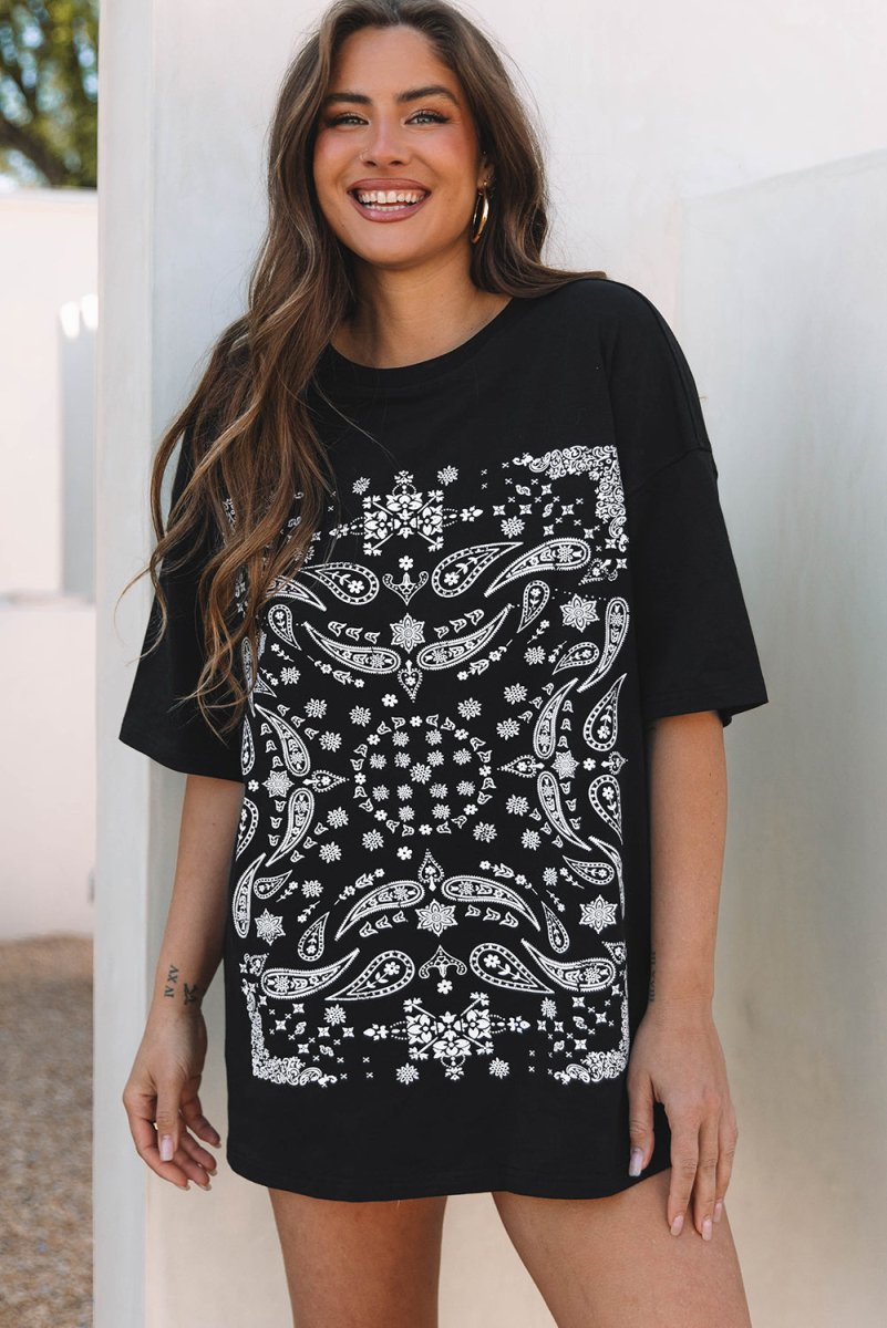 Black Paisley Print Crew Neck Loose Fit Tunic Tee for Women - Love Salve 