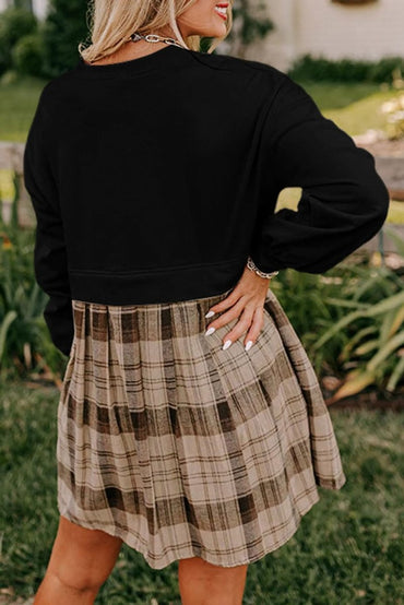 Black Plaid Patchwork High Waist Sweatshirt Mini Dress - Love Salve 