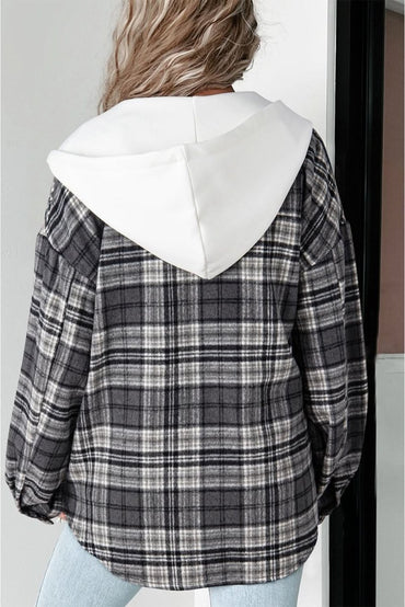 Black Plaid Print Flap Pockets Contrast Hooded Loose Shacket - Love Salve 