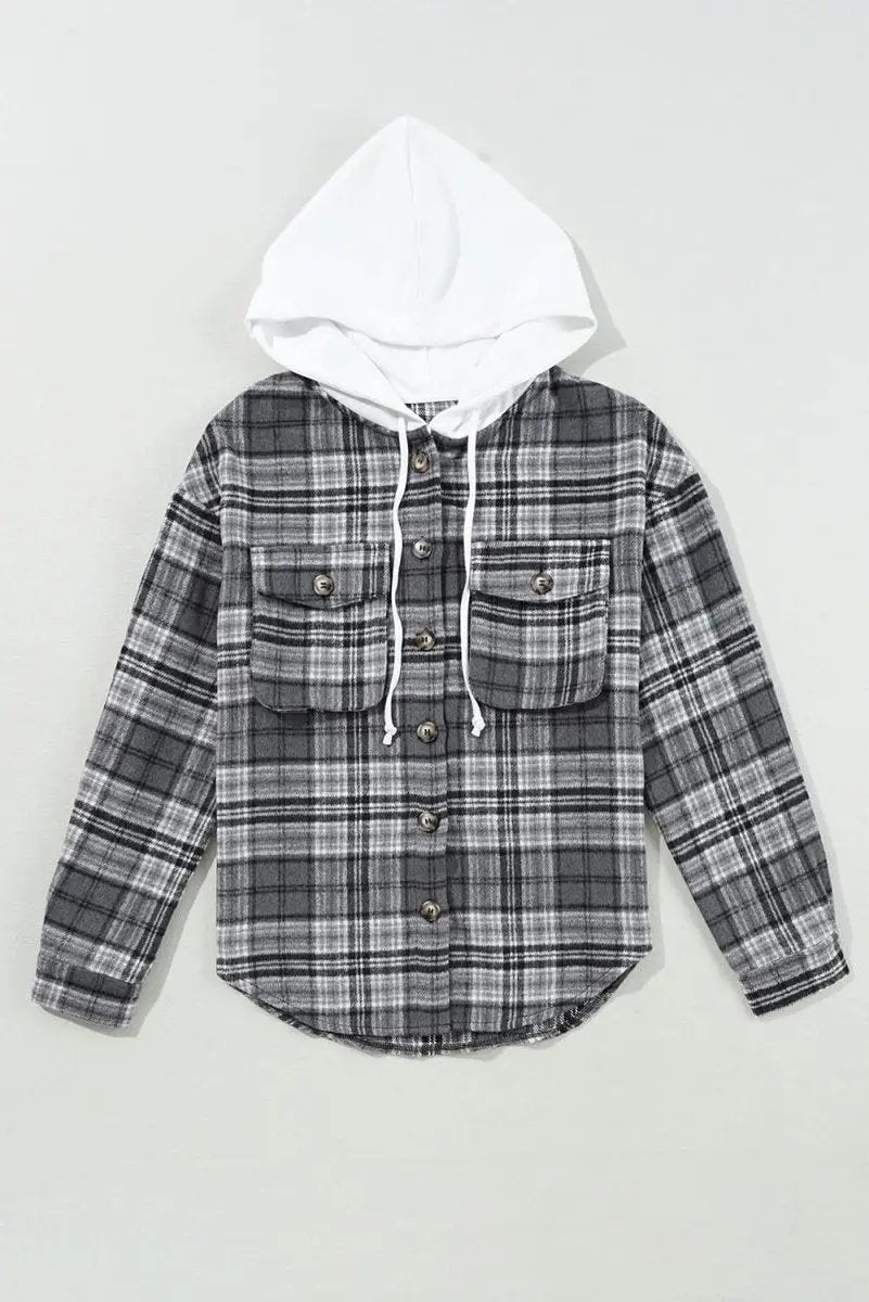 Black Plaid Print Flap Pockets Contrast Hooded Loose Shacket - Love Salve 
