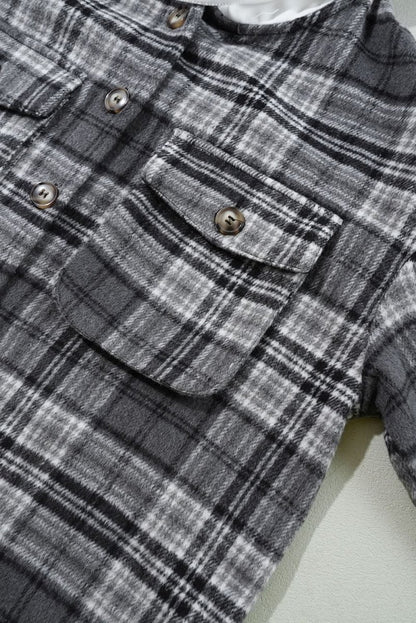 Black Plaid Print Flap Pockets Contrast Hooded Loose Shacket - Love Salve 