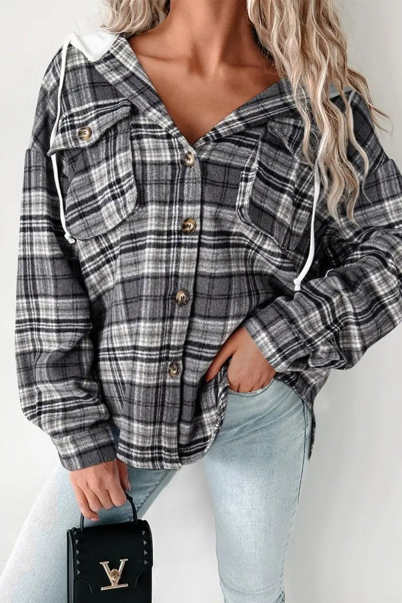 Black Plaid Print Flap Pockets Contrast Hooded Loose Shacket - Love Salve 