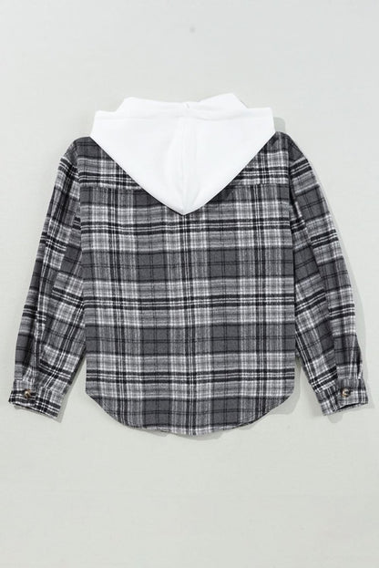 Black Plaid Print Flap Pockets Contrast Hooded Loose Shacket - Love Salve 