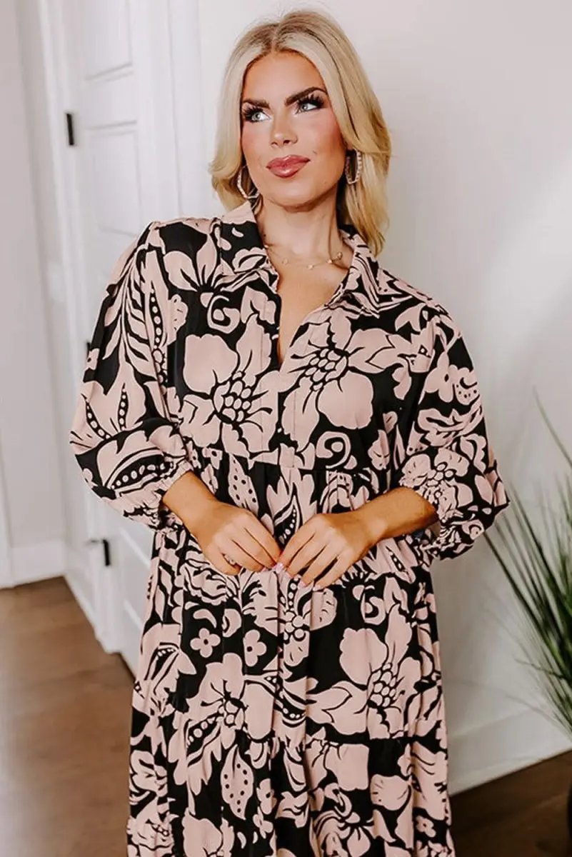 Black Plus Size Floral Printed Puff Sleeve Collared Maxi Dress - Love Salve 