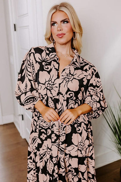 Black Plus Size Floral Printed Puff Sleeve Collared Maxi Dress - Love Salve
