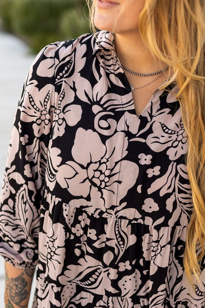 Black Plus Size Floral Printed Puff Sleeve Collared Maxi Dress - Love Salve
