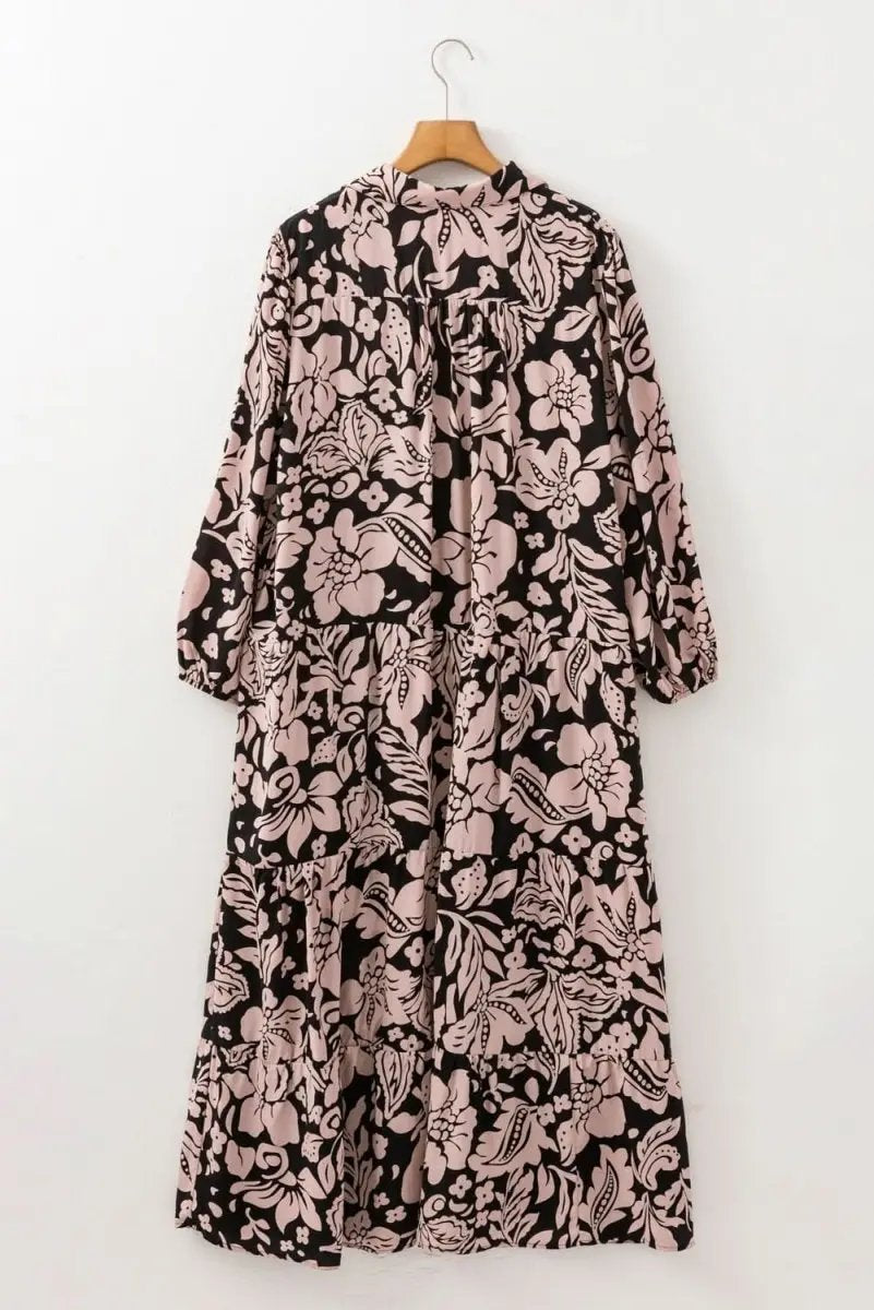 Black Plus Size Floral Printed Puff Sleeve Collared Maxi Dress - Love Salve 