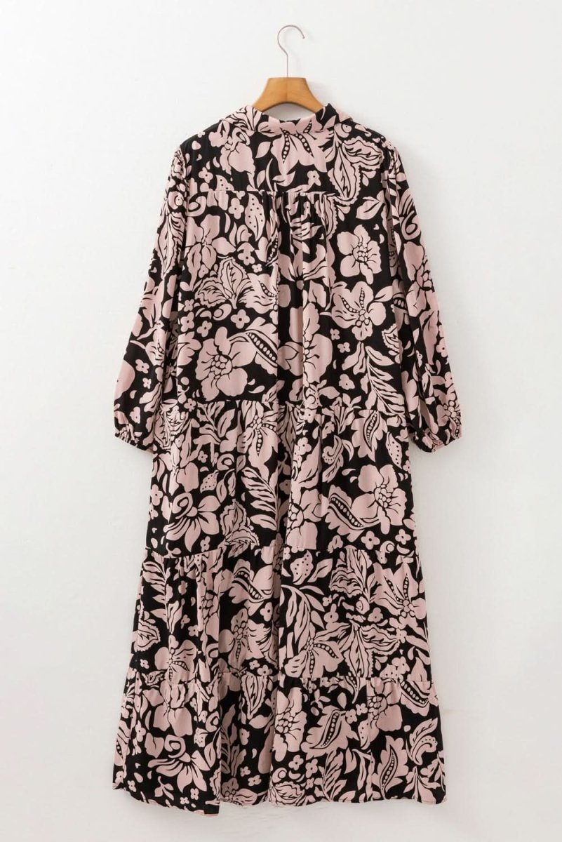 Black Plus Size Floral Printed Puff Sleeve Collared Maxi Dress - Love Salve