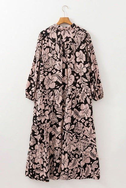 Black Plus Size Floral Printed Puff Sleeve Collared Maxi Dress - Love Salve