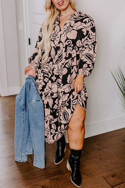 Black Plus Size Floral Printed Puff Sleeve Collared Maxi Dress - Love Salve