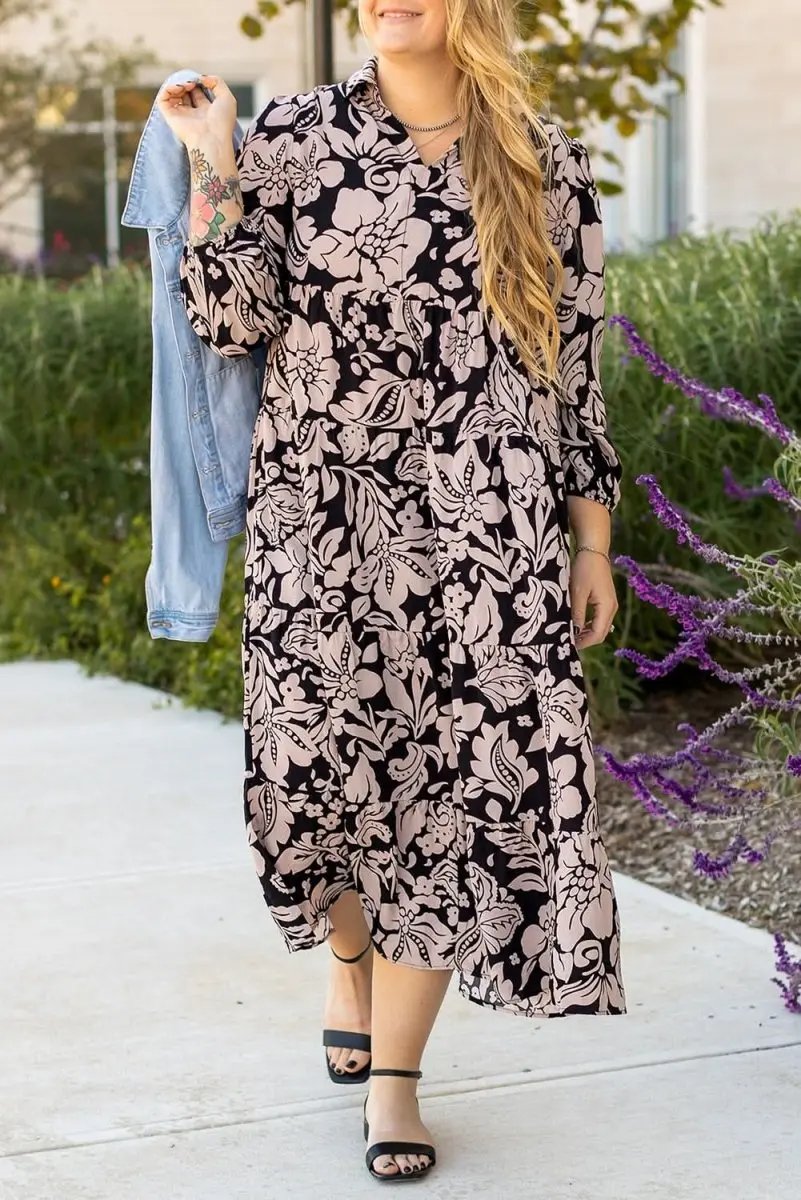 Black Plus Size Floral Printed Puff Sleeve Collared Maxi Dress - Love Salve 