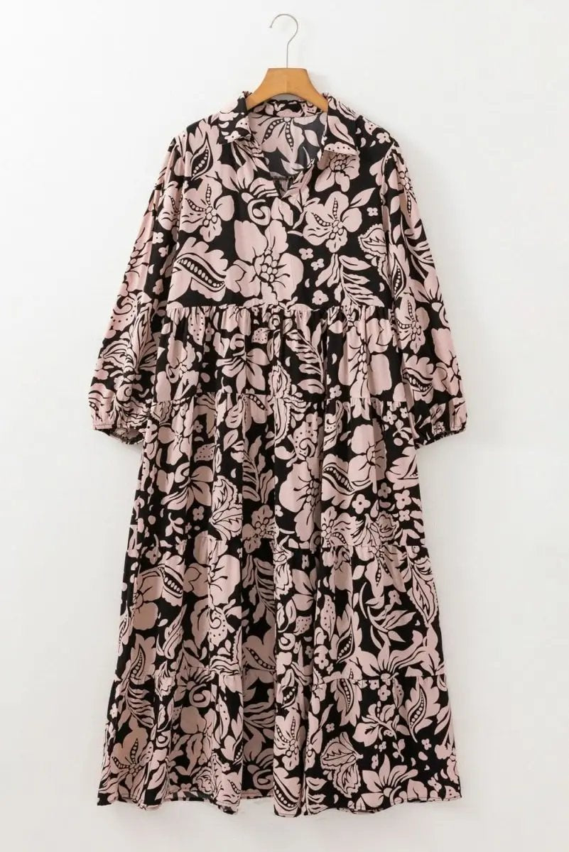Black Plus Size Floral Printed Puff Sleeve Collared Maxi Dress - Love Salve 