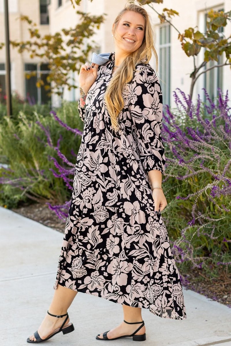 Black Plus Size Floral Printed Puff Sleeve Collared Maxi Dress - Love Salve