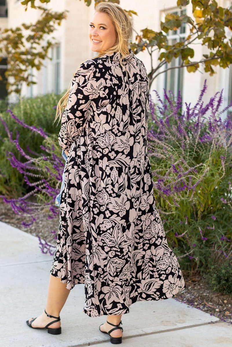 Black Plus Size Floral Printed Puff Sleeve Collared Maxi Dress - Love Salve