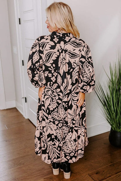 Black Plus Size Floral Printed Puff Sleeve Collared Maxi Dress - Love Salve