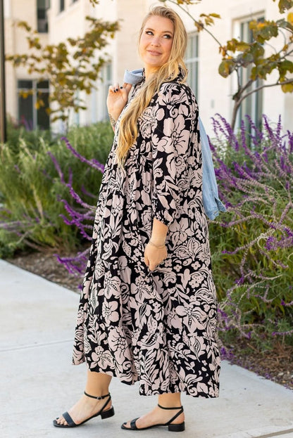 Black Plus Size Floral Printed Puff Sleeve Collared Maxi Dress - Love Salve