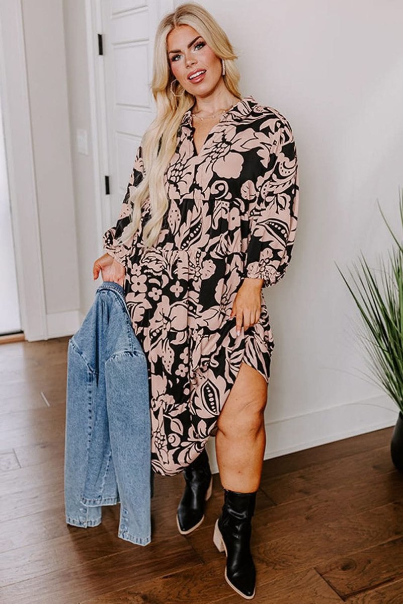 Black Plus Size Floral Printed Puff Sleeve Collared Maxi Dress - Love Salve