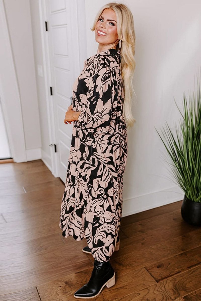 Black Plus Size Floral Printed Puff Sleeve Collared Maxi Dress - Love Salve