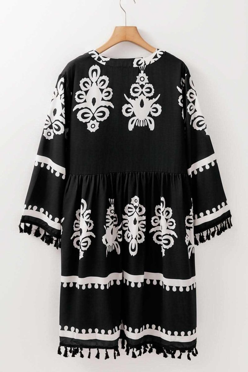 Black Plus Size Western Floral Print Fringed V Neck Dress - Love Salve