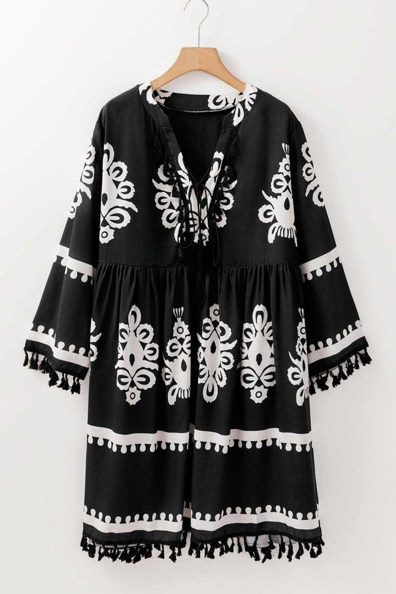 Black Plus Size Western Floral Print Fringed V Neck Dress - Love Salve