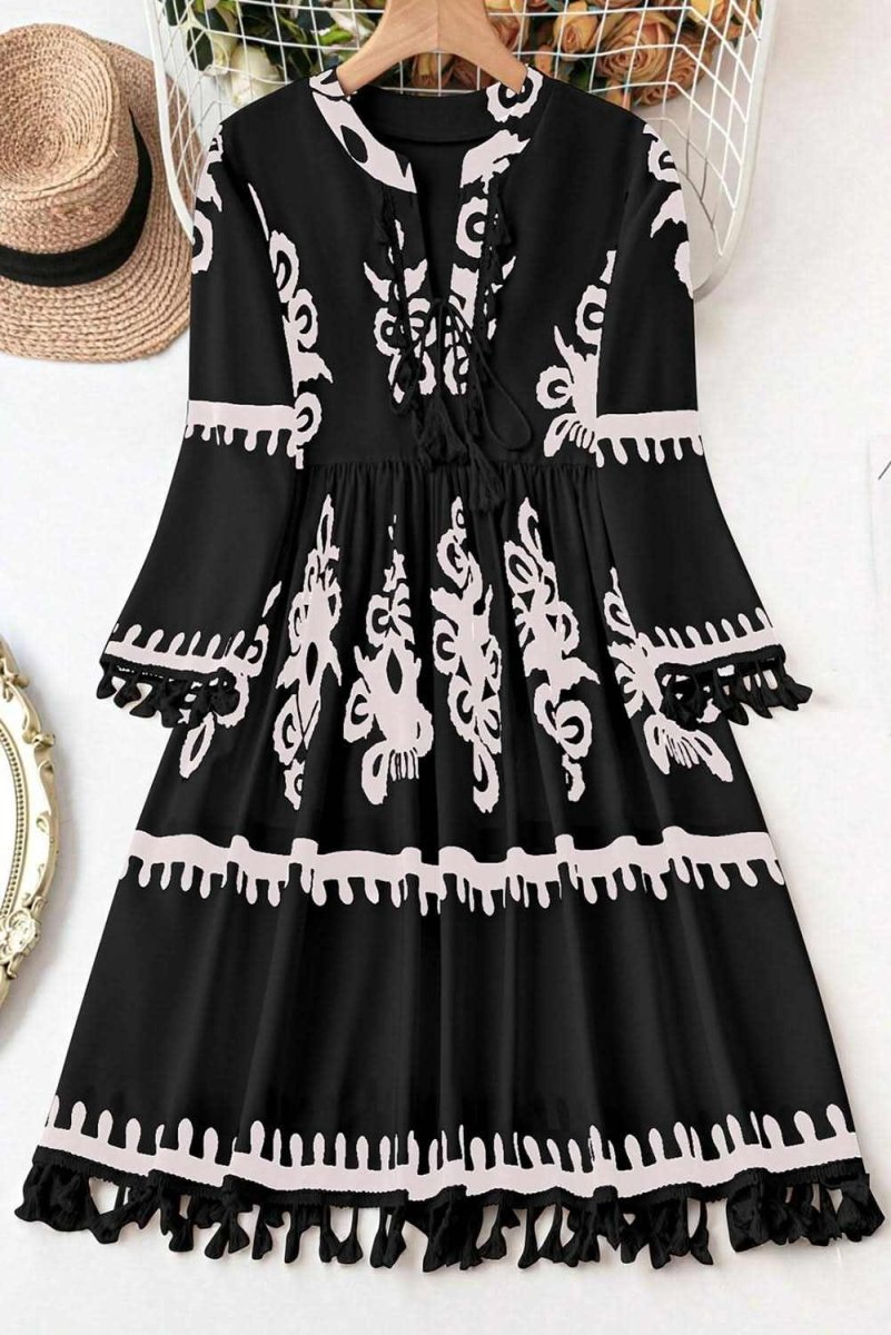 Black Plus Size Western Floral Print Fringed V Neck Dress - Love Salve