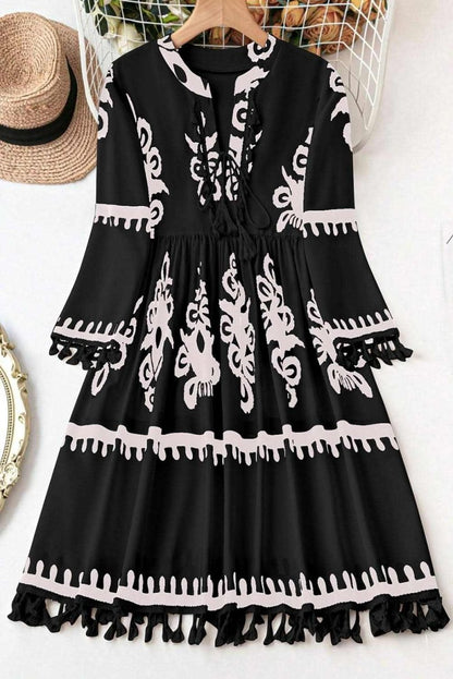 Black Plus Size Western Floral Print Fringed V Neck Dress - Love Salve