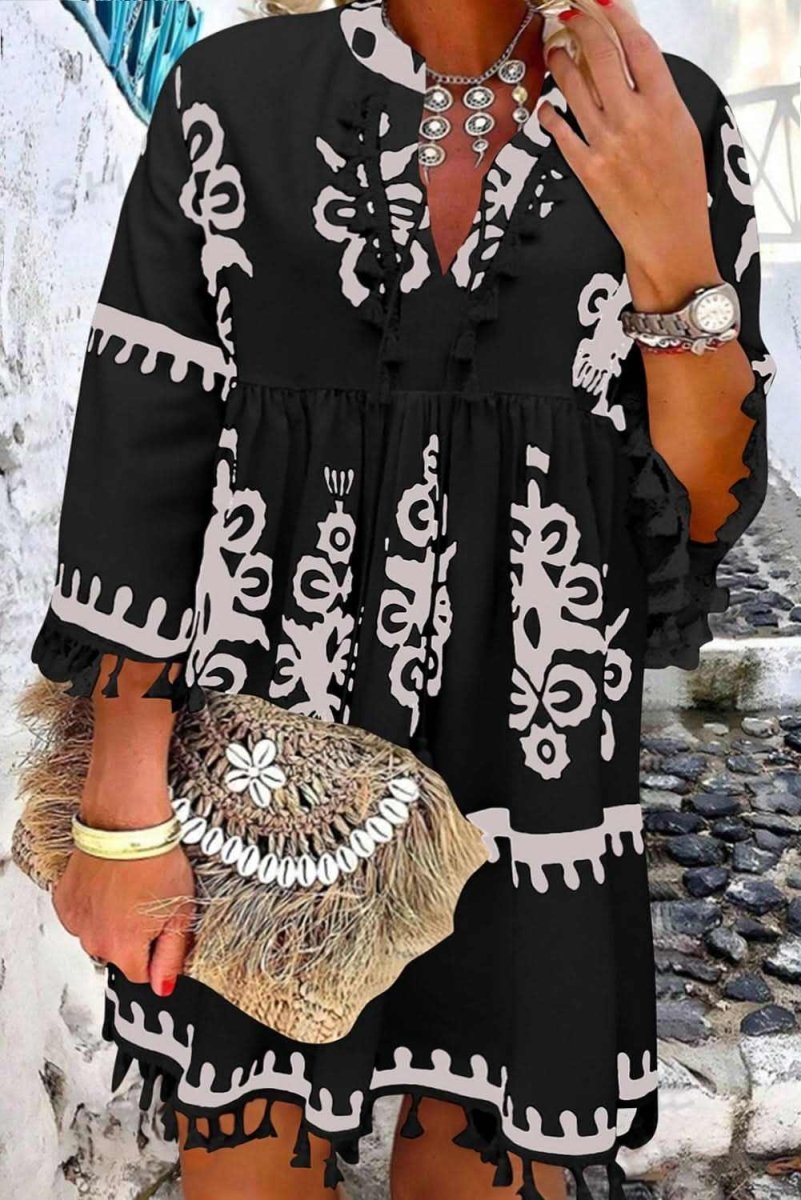 Black Plus Size Western Floral Print Fringed V Neck Dress - Love Salve