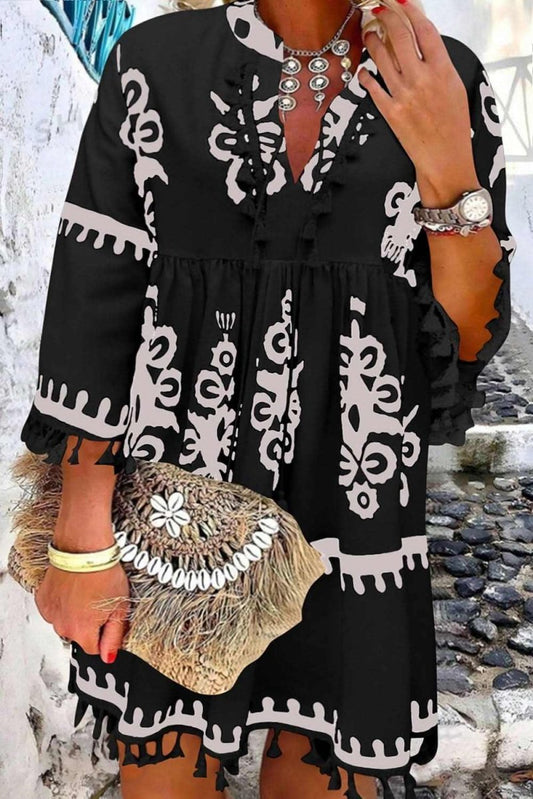 Black Plus Size Western Floral Print Fringed V Neck Dress - Love Salve 