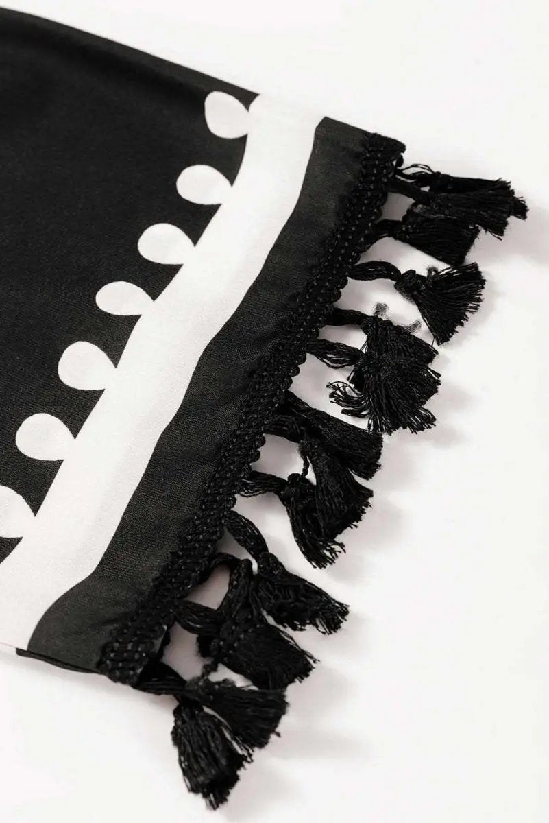 Black Plus Size Western Floral Print Fringed V Neck Dress - Love Salve 