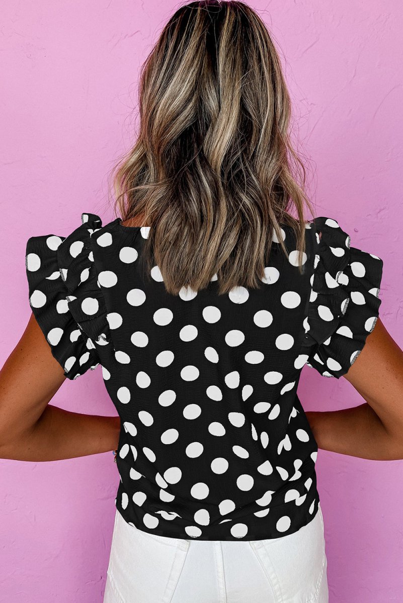 Black Polka Dot Print Ruffled Sleeve V Neck Blouse for Women - Love Salve 