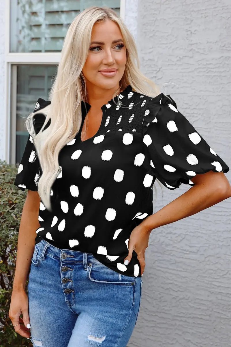 Black Polka Dot Print Shirred Yoke Notched Neck Blouse - Love Salve 
