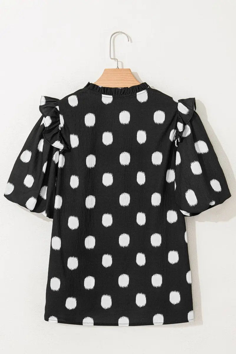 Black Polka Dot Print Shirred Yoke Notched Neck Blouse - Love Salve 