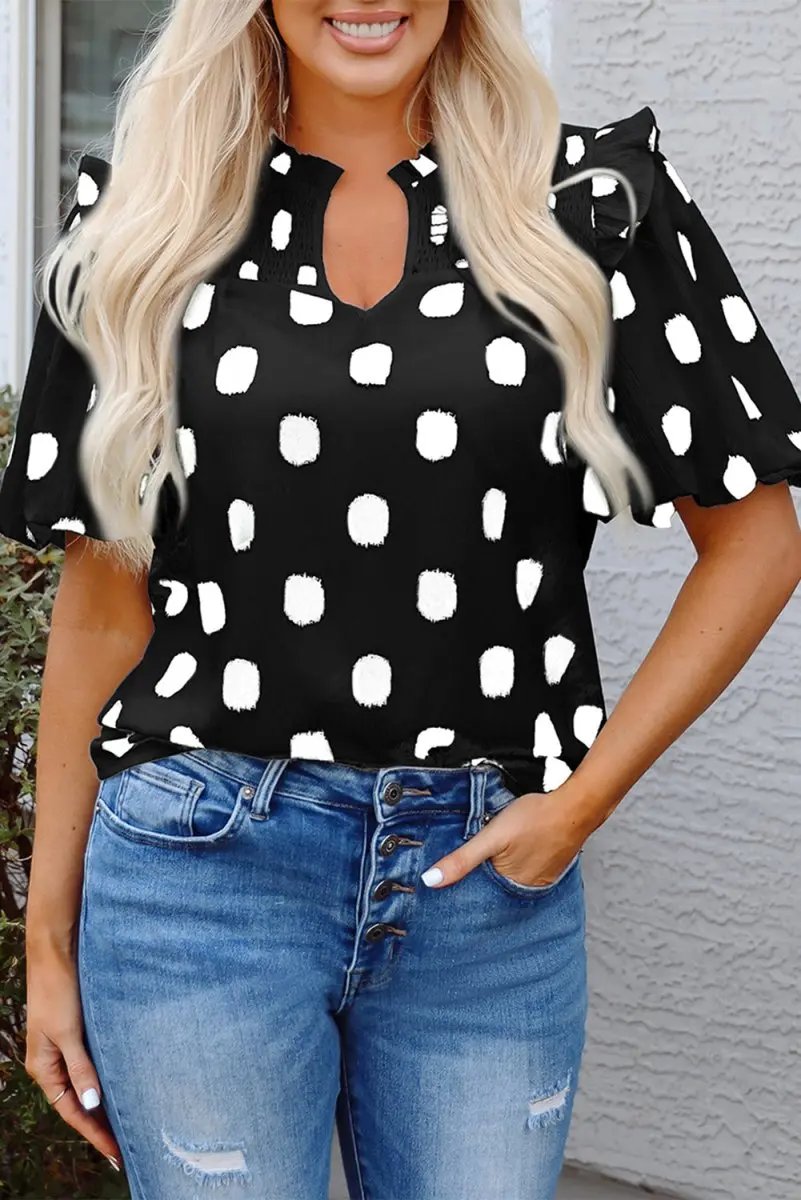 Black Polka Dot Print Shirred Yoke Notched Neck Blouse - Love Salve 