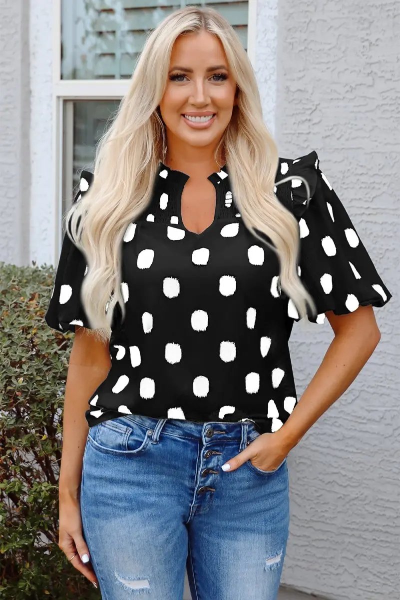 Black Polka Dot Print Shirred Yoke Notched Neck Blouse - Love Salve 