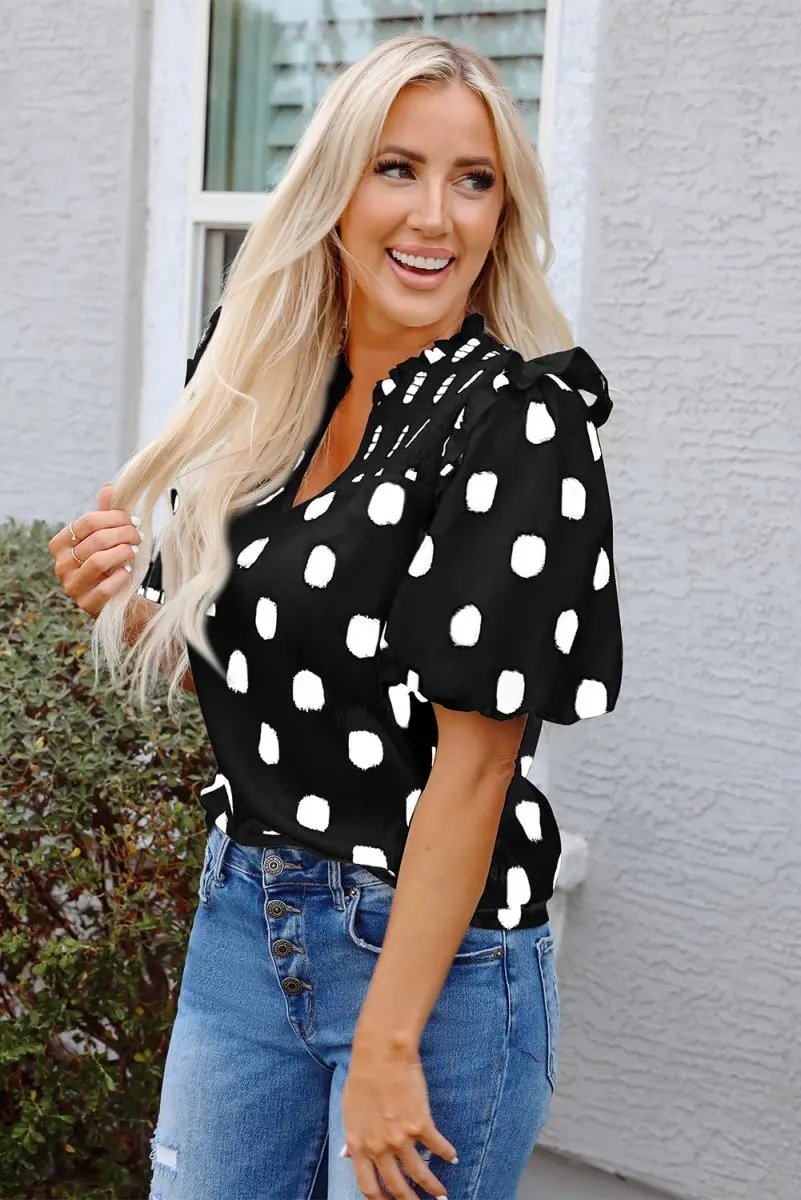Black Polka Dot Print Shirred Yoke Notched Neck Blouse - Love Salve 