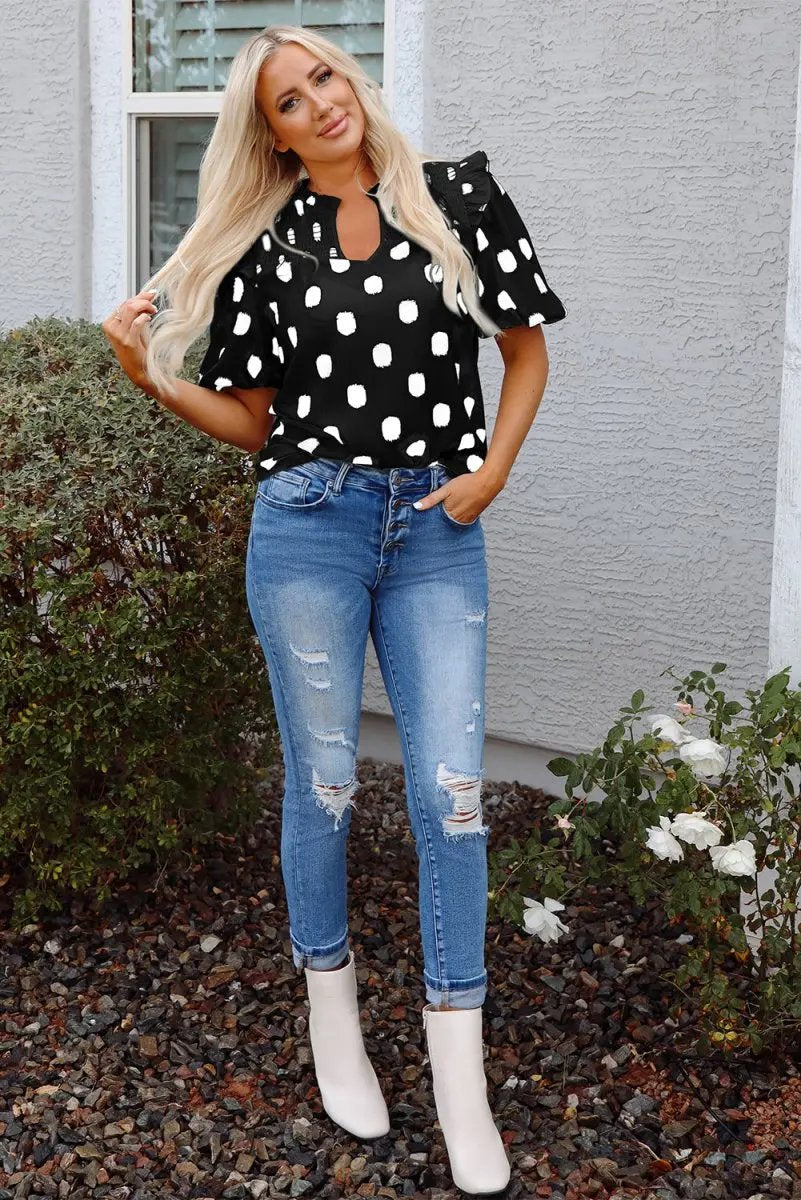 Black Polka Dot Print Shirred Yoke Notched Neck Blouse - Love Salve 