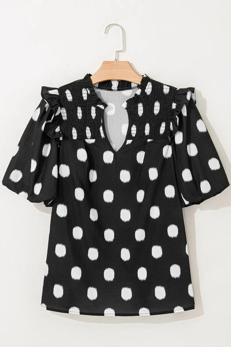 Black Polka Dot Print Shirred Yoke Notched Neck Blouse - Love Salve 