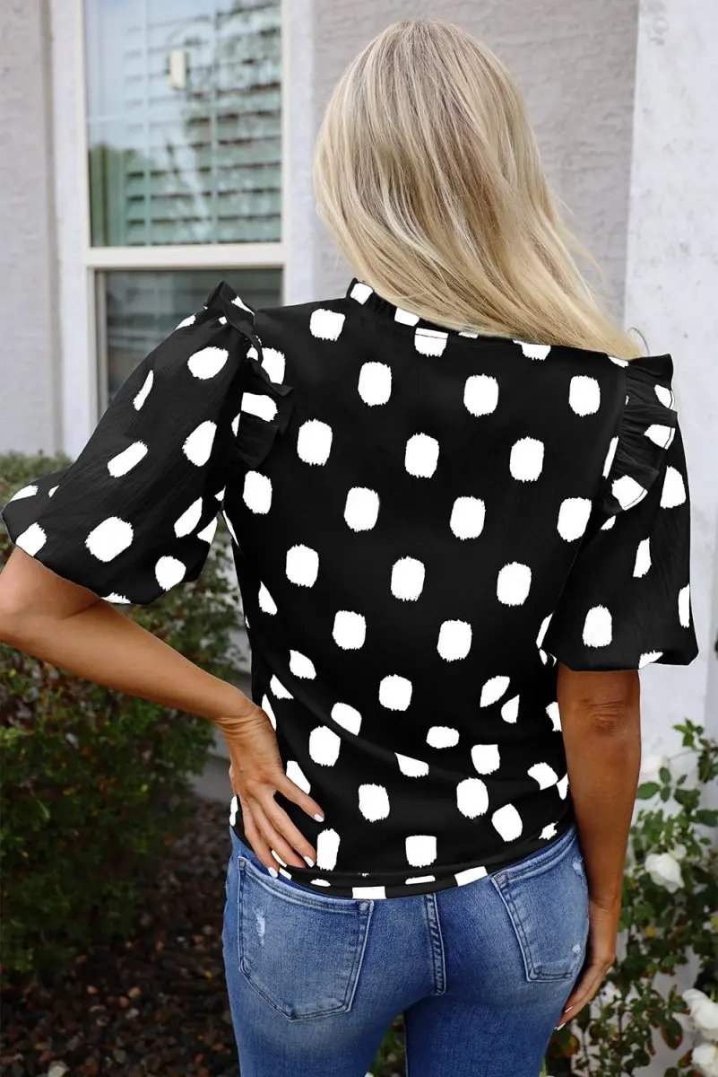 Black Polka Dot Print Shirred Yoke Notched Neck Blouse - Love Salve 